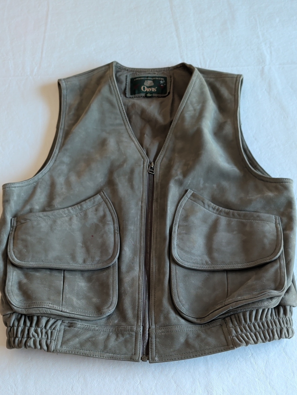 Vintage Orvis Green Suede Leather Full Zip Fishing Vest Men's Size Large